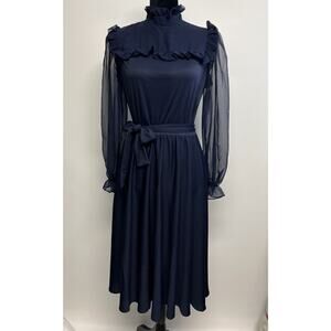 Vintage 70s Prairie Dress Bishop Sleeves Blue Ruffle Victorian High Neck Medium
